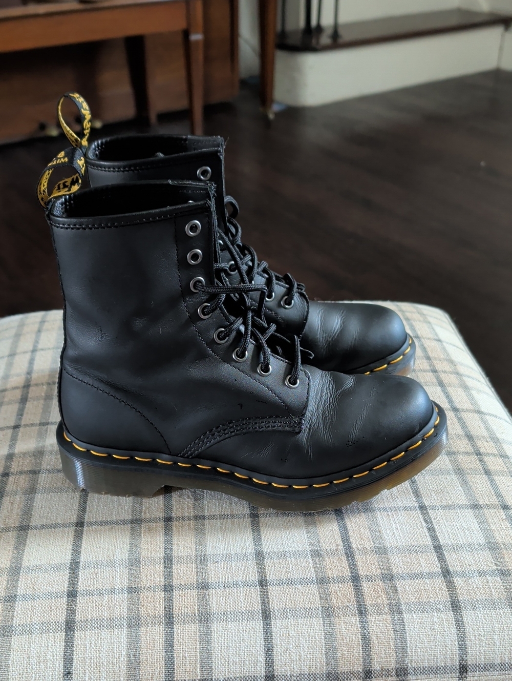 Dr. Martens Black Leather Lace-Up Combat Boots with Yellow Stitching